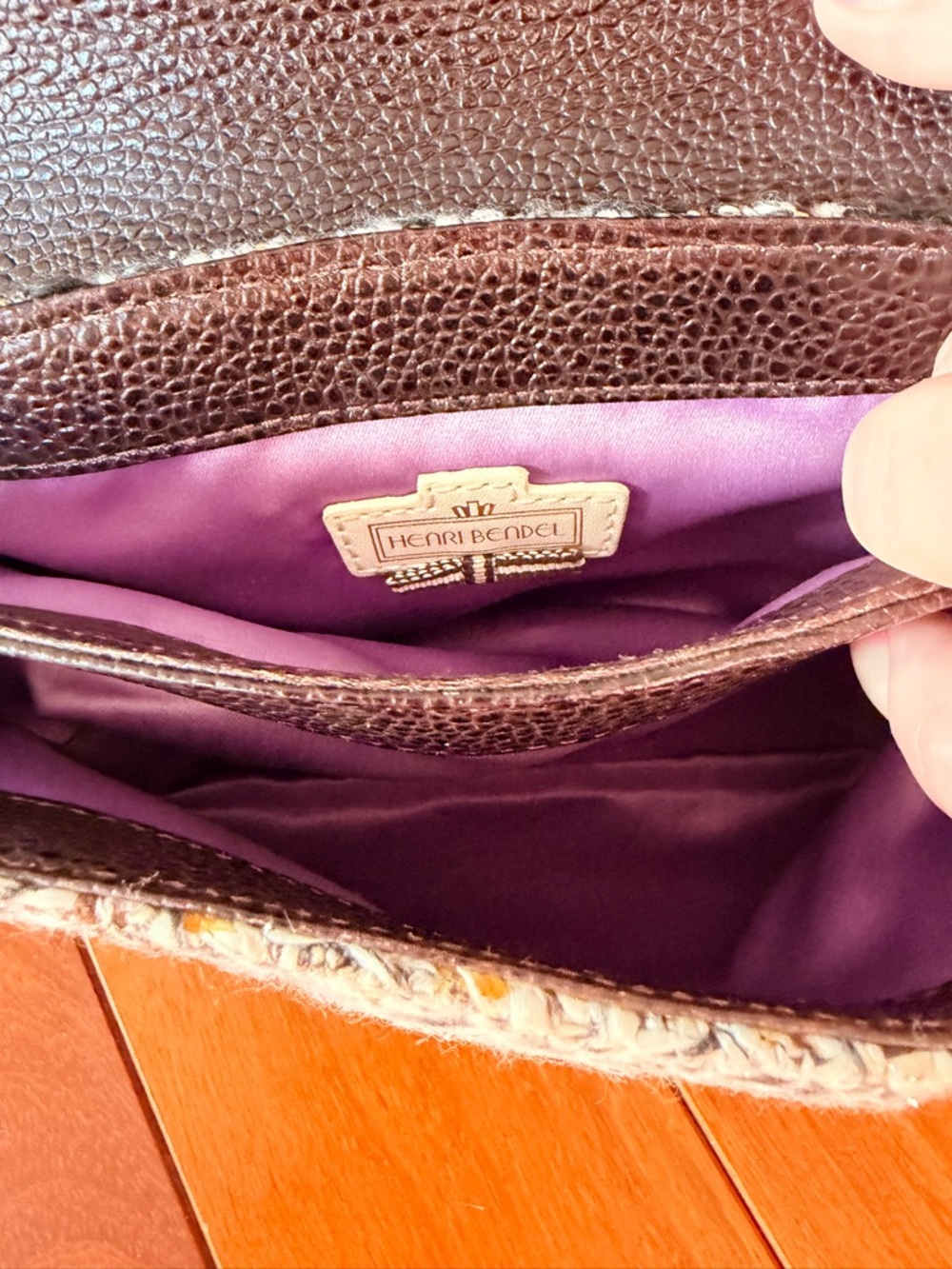 Henri Bendel Tweed & Leather Wristlet Clutch with lavender silk interior EUC - Picture 12 of 12